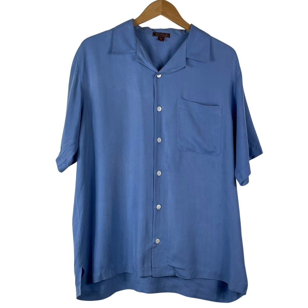 Vintage Red House Men's Blue 100% Silk Button Down Shirt Short Sleeves Size L